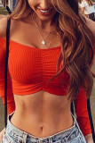 White Red Black Blue Pink Orange One word collar Long Sleeve Solid Tops