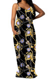 Black Polyester Fashion Sexy adult Ma'am Spaghetti Strap Sleeveless Slip Swagger Floor-Length Print Dresses