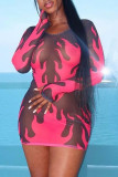 Colour Fashion Casual Print See-through O Neck Long Sleeve Dresses