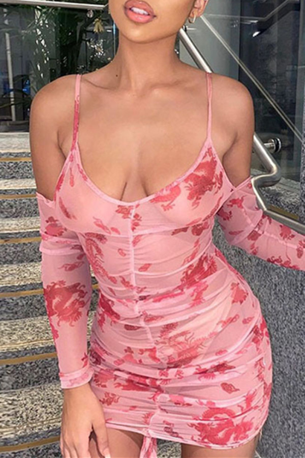 Pink Fashion Sexy Print See-through Backless Spaghetti Strap Long Sleeve Dresses