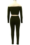 Black Fashion Sexy Adult Polyester Solid Split Joint Bateau Neck Long Sleeve Regular Sleeve Short Two Pieces