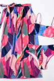 Rose Red Sexy Print Split Joint Swimwears Three Pieces
