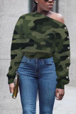 Red Sexy Print Camouflage Print O Neck Mid Waist Tops