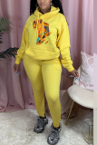 Yellow Street Print Split Joint Hooded Collar Long Sleeve Two Pieces