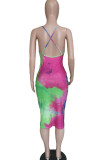 Green Polyester Fashion Sexy Green multicolor Off The Shoulder Sleeveless Slip Pencil Dress Mid-Calf backless Tie and dye Dresses