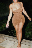Brown Fashion Sexy Solid Backless Fold One Shoulder Sling Dress