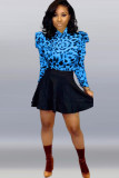 Blue Casual Print ruffle Two Piece Suits A-line skirt Long Sleeve Two-Piece Dress