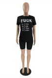 Black Fashion Casual Letter Print Basic O Neck Short Sleeve Two Pieces