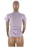 Light Purple Polyester O Neck Short Sleeve Print