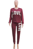 Wine Red Polyester Casual Striped Patchwork Solid pencil Long Sleeve Two Pieces