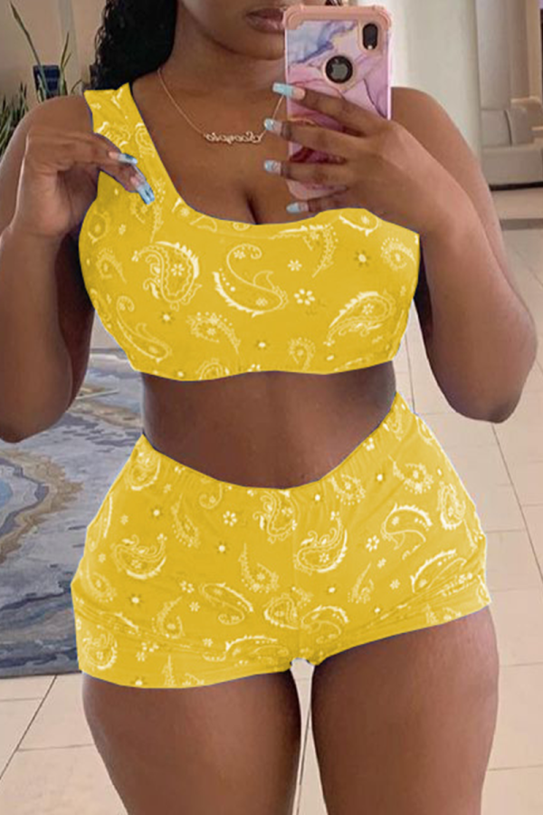 Yellow Sexy Print Patchwork One Shoulder Sleeveless Two Pieces