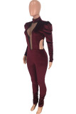 Wine Red Sexy perspective Patchwork Mesh Solid Long Sleeve O Neck Jumpsuits