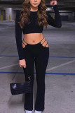 Black Work Daily Solid O Neck Long Sleeve Two Pieces