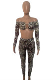Multicolor Sexy Print Leopard Hollowed Out Backless Off the Shoulder Long Sleeve Two Pieces