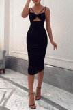 Black Sexy Solid Hollowed Out Backless Spaghetti Strap Sleeveless Dress