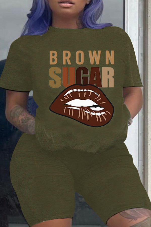 Army Green Fashion Casual Print Basic O Neck T-Shirts