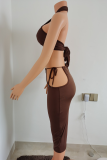 Brown Sexy Solid Hollowed Out Strapless Sleeveless Two Pieces