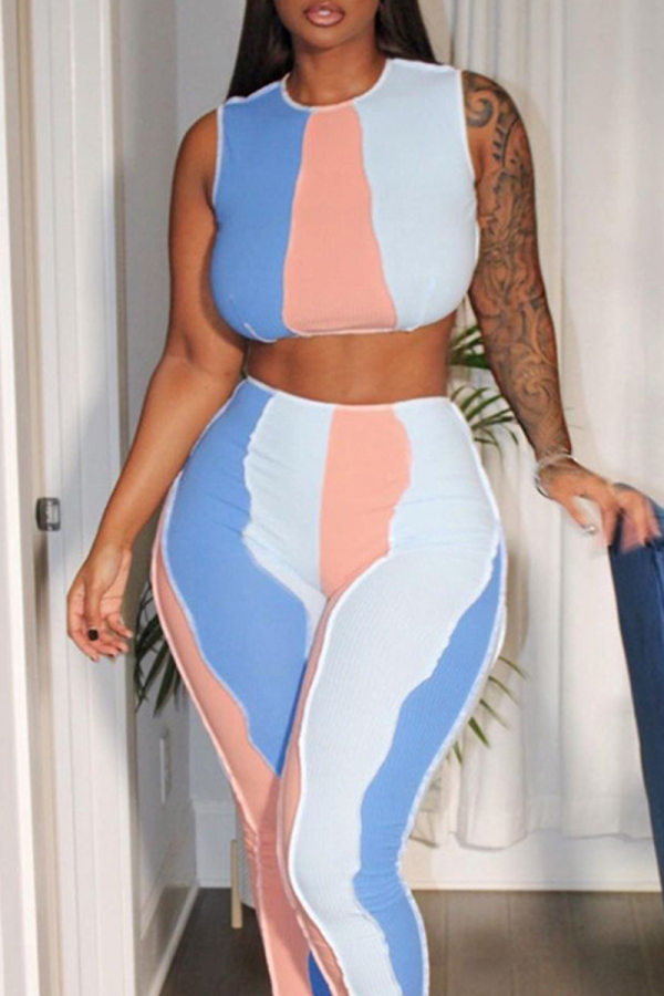 Blue Sexy Color Block Patchwork O Neck Sleeveless Two Pieces