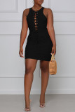 Black Fashion Sexy Solid Hollowed Out Fold O Neck Vest Dress