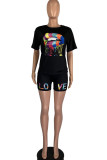 Black Fashion Active adult Ma'am Print Two Piece Suits Lips Print pencil Short Sleeve Two Pieces