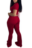 Wine Red Sexy O Neck Solid Hole ruffle Plus Size