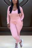 Pink Casual Solid Draw String O Neck Plus Size