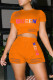 Orange Fashion Casual Letter Print Ripped O Neck Short Sleeve Two Pieces