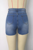 Medium Blue Fashion Casual Solid Strap Design Without Belt High Waist Jeans