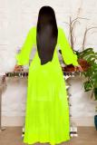 Fluorescent green Polyester adult Sexy Fashion Cap Sleeve Long Sleeves V Neck Swagger Ankle-Length Solid bandage Patch