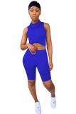 Royal blue knit Fashion Sexy adult Ma'am Patchwork Solid Two Piece Suits Straight Sleeveless Two Pieces