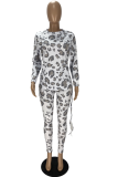 White Casual Leopard Patchwork Draw String O Neck Long Sleeve Two Pieces