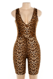 Tiger Pattern Sexy Animal Print Split Joint V Neck Skinny Jumpsuits