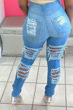 Light Blue Denim Button Fly Sleeveless High Patchwork Solid Hole Old pencil Pants Bottoms