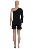 Black Casual Solid Backless Oblique Collar Regular Romper