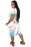 Blue Fashion Casual adult White Blue Green Pink Yellow Multi-color multicolor Cap Sleeve Short Sleeves O neck A-Line Mid-Calf Print Patchwork Ombre bandage Dresses