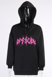Black Street Print Patchwork Hooded Collar Tops