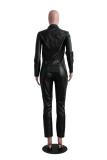 Black PU Fashion adult Street Patchwork Zippered Solid Two Piece Suits Straight Long Sleeve Two-piece Pan