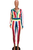 Multi-color Polyester Elastic Fly Long Sleeve Mid Patchwork Striped Straight Pants Jumpsuits & Rompers