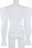 White Casual Solid Hollowed Out Patchwork Frenulum V Neck Mid Waist Tops