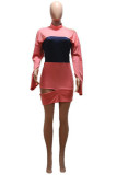 Pink Lightly cooked One Shoulder Long Sleeves O neck Step Skirt Mini Patchwork hole Dresses