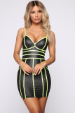 Fluorescent green Polyester Sexy Spaghetti Strap Sleeveless V Neck Step Skirt skirt Colouring Patchwork Solid