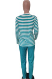 Blue Casual Two Piece Suits Striped Straight Long Sleeve Two-piece Pants Set