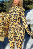 Yellow Casual Print Leopard Patchwork Tie-dye O Neck Regular Jumpsuits