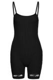 Black Sexy Print Letter Spaghetti Strap Skinny Rompers