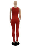 Red Fashion Sexy Solid Hollowed Out Backless U Neck Skinny Jumpsuits