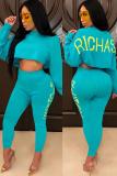 Light Blue Fashion adult Sexy Two Piece Suits Print Letter pencil Long Sleeve