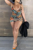 Gold Fashion Sexy Print Backless Strap Design V Neck Sling Dress