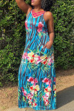 Blue Fashion Sexy Print Hollowed Out Spaghetti Strap Sleeveless Dress
