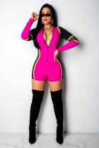 rose red Sexy Fashion Solid Patchwork zipper Geometric Polyester Long Sleeve V Neck Rompers