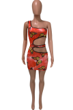 Pink Sexy Print Hollowed Out One Shoulder Pencil Skirt Dresses